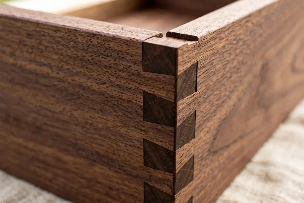 Close-up of dovetail joinery on a handmade walnut wood box corner showing rich wood grain
